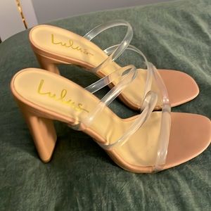 Tan heels with clear straps, from Lulus
